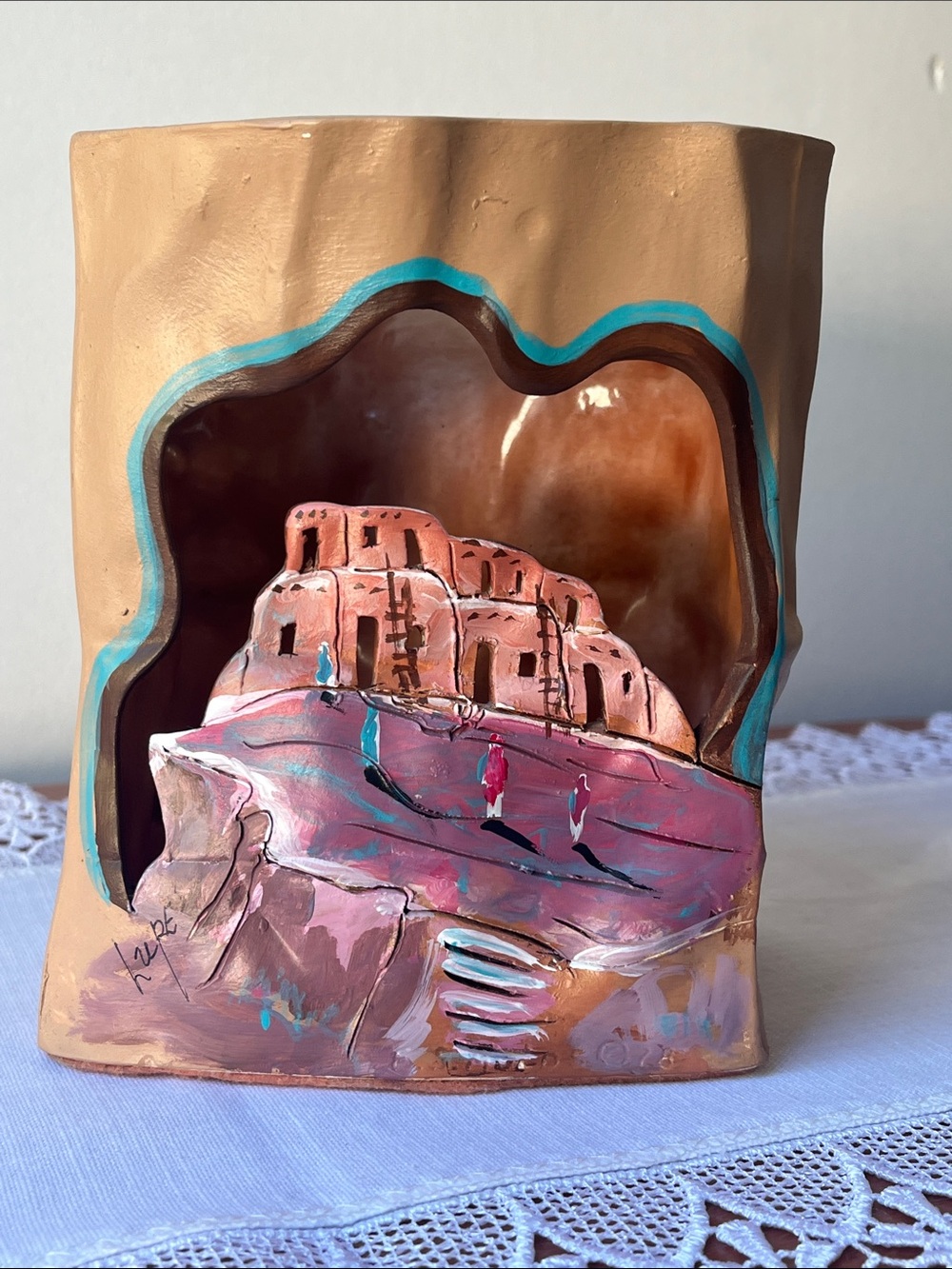 Vintage 1980s Southwestern Pueblo Village Clay Luminaria Candle Holder Signed